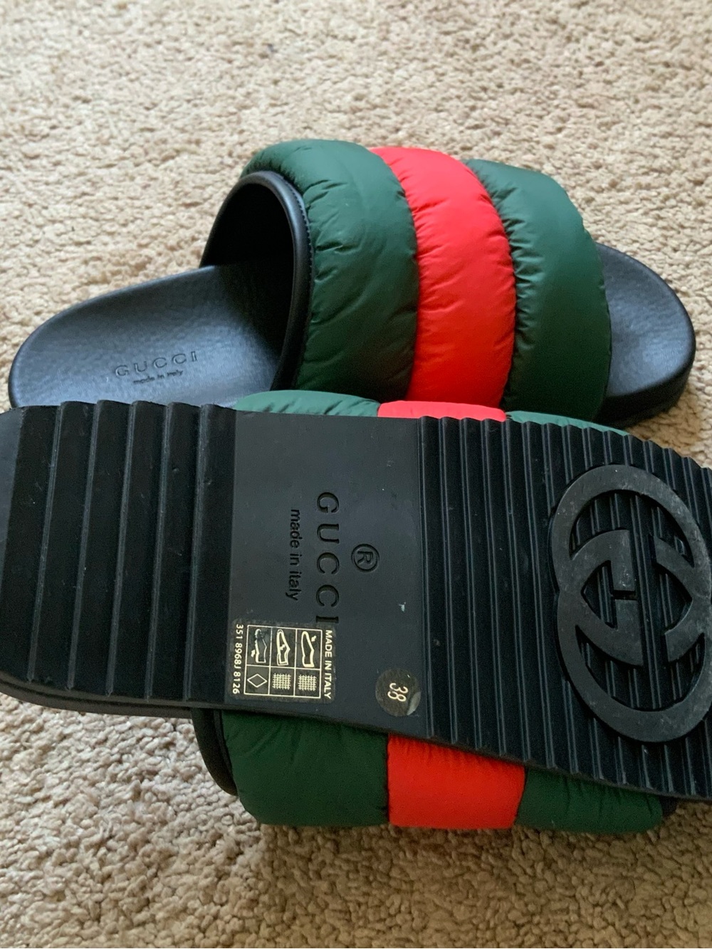 Gucci Women’s Gucci Puffer Padded Nylon Black Green Red Web Slides Size 38 - Picture 8 of 9